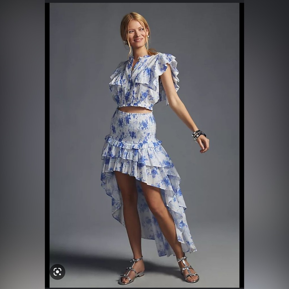 loveshackfancy Palani high low skirt in blue motif. Size large.